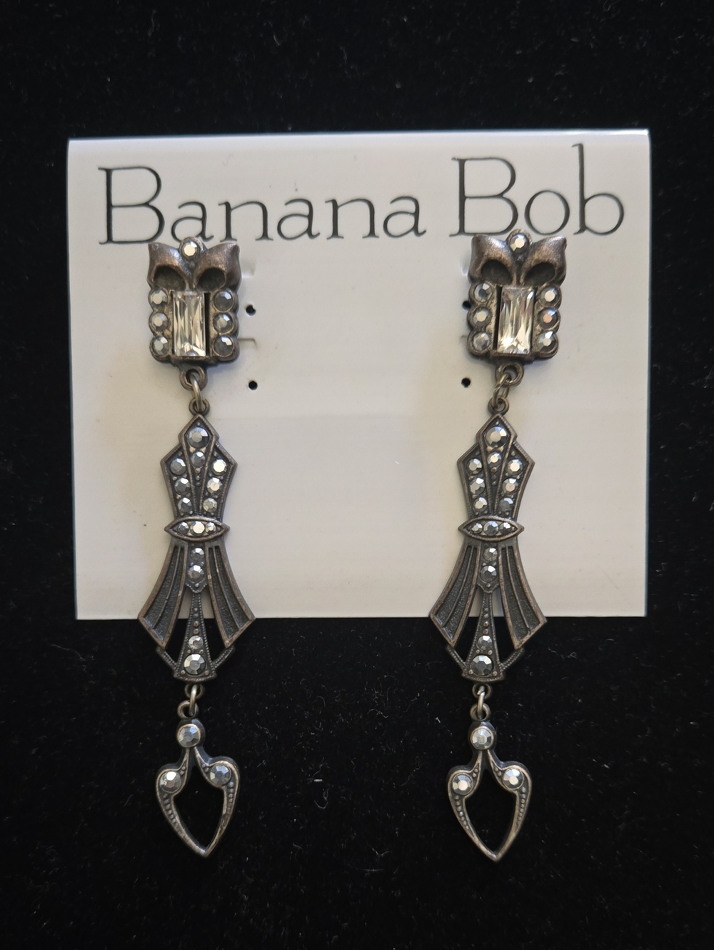 Banana Republic Antique Silver-Tone Art Deco Drop Earrings with Clear Crystals